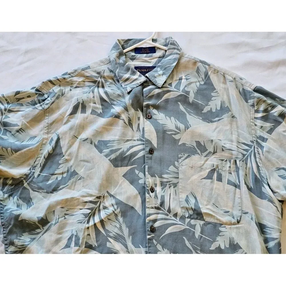 Pendleton‎ Shirt Mens Large Teal 100% Silk Loop Collar Camp Hawaiian Floral